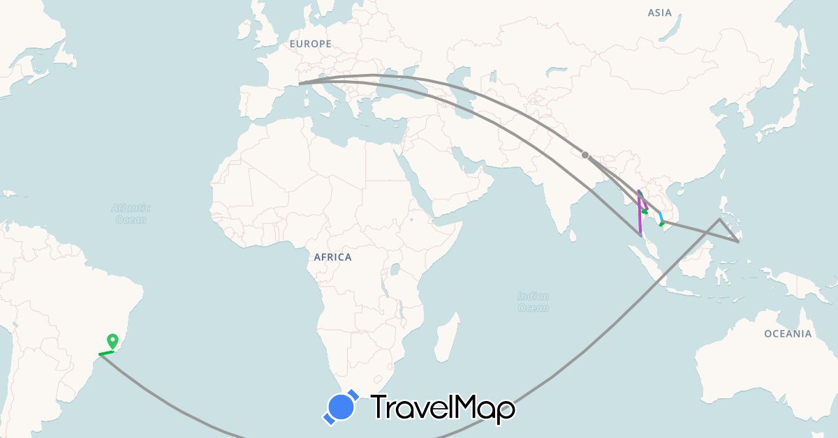 TravelMap itinerary: bus, plane, train, hiking, boat in Brazil, Cambodia, Nepal, Philippines, Thailand (Asia, South America)